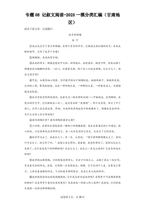 专题08记叙文阅读-2023一模分类汇编(甘肃地区)(含解析)