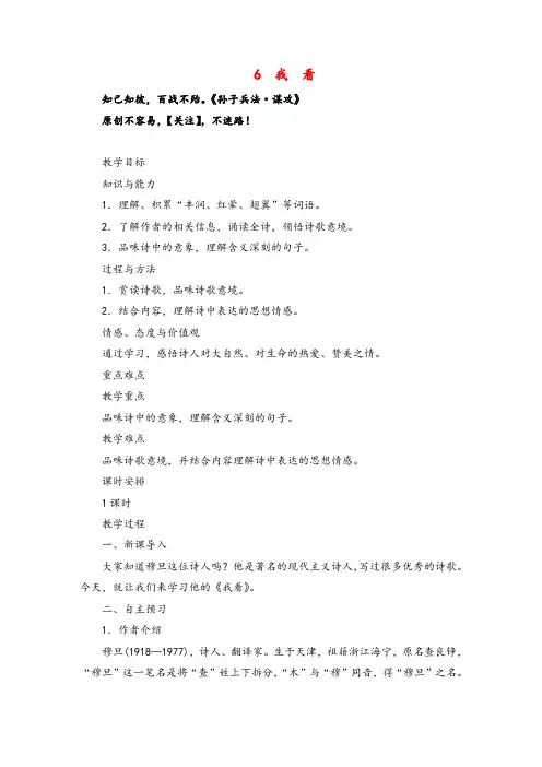 人教版语文九年级6 我 看教案与反思
