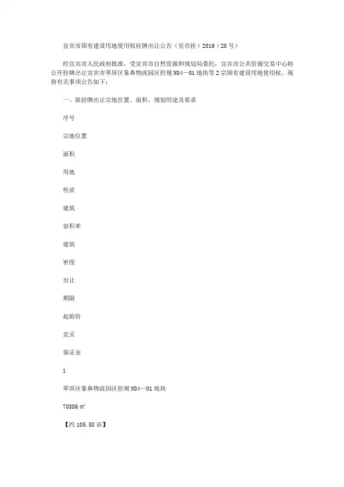 宜宾市国有建设用地使用权挂牌出让公告(宜市挂﹝2019﹞20号)
