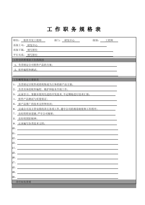 软件开发工程师工作职务规格表