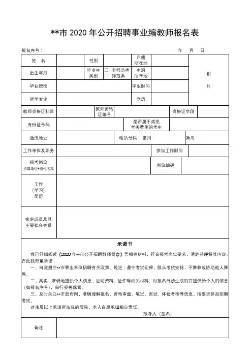 安丘市2020年公开招聘事业编教师报名表【模板】