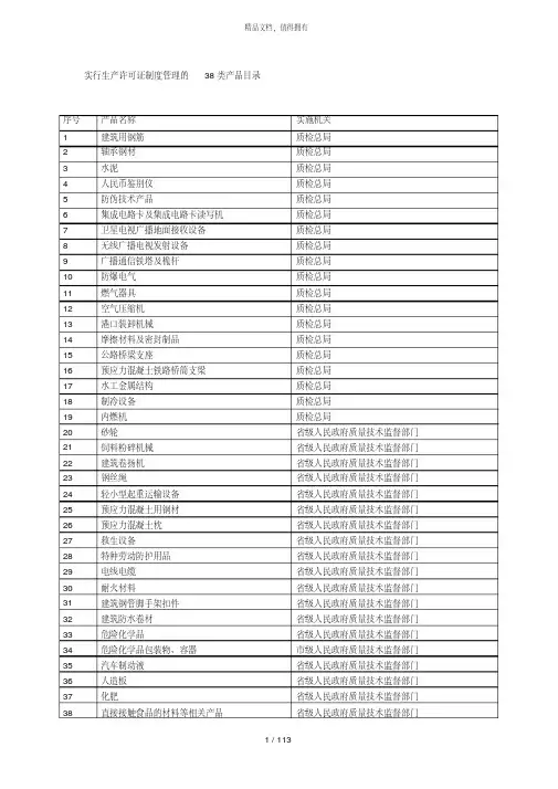实行生产许可证制度管理的38类产品目录