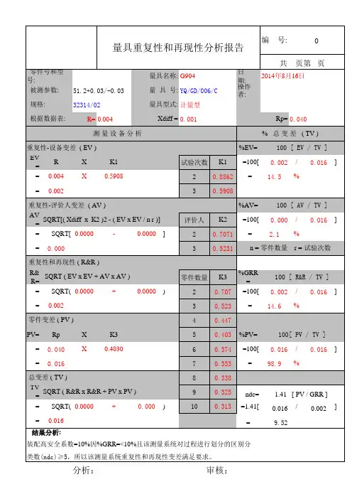 重复性和再现性分析样表