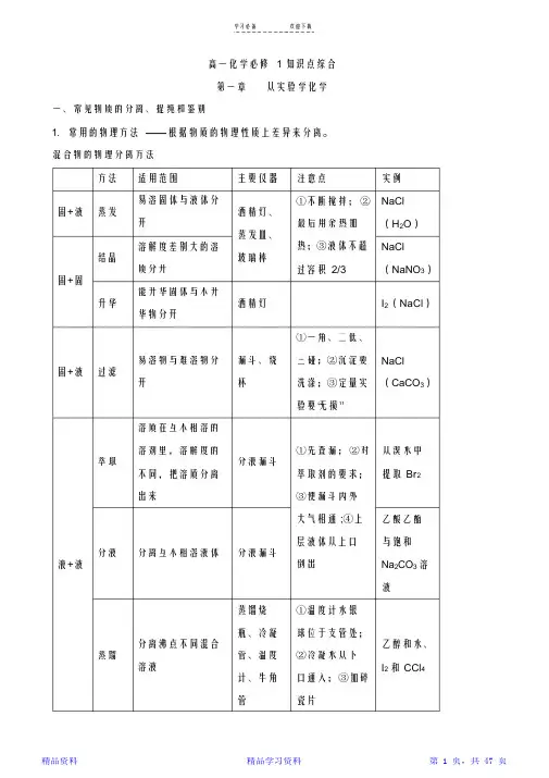 最新最全面高中化学必修一知识点整理【史上最全】人教版(精华版)