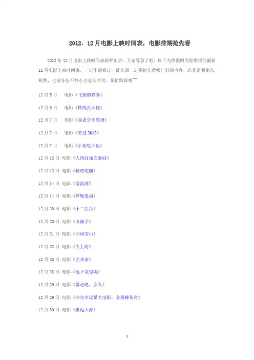 2012.12月最新上映电影排期-上映时间表