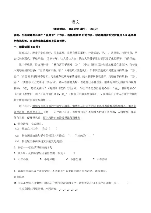 江苏省扬州市宝应县2024届九年级下学期中考一模语文试卷(含解析)