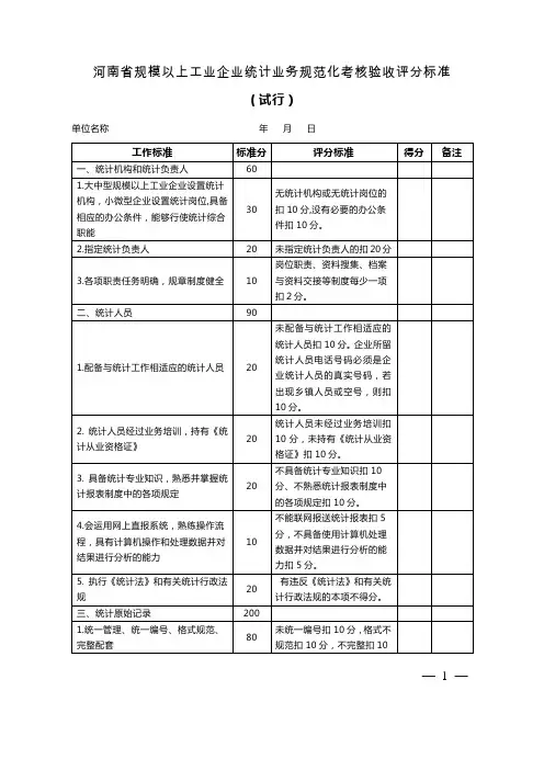 河南省规模以上工业企业统计业务规范化考核验收   评分标准