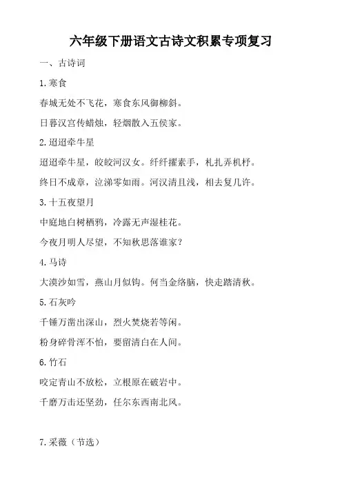 2020统编-部编版六年级下册语文：语文古诗文积累专项复习