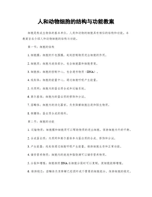 人和动物细胞的结构与功能教案