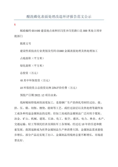 酸洗磷化表面处理改造环评报告范文公示
