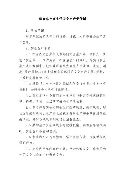 综合办公室主任安全生产责任制