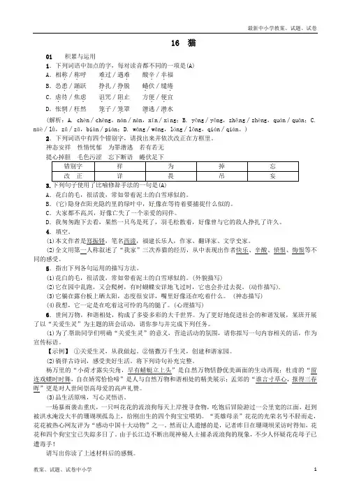 【精品】七年级语文上册第五单元16猫习题新人教版