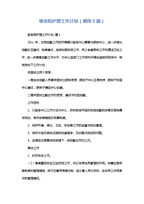 敬老院护理工作计划(通用3篇)