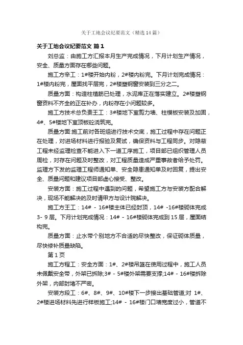 关于工地会议纪要范文（精选14篇）