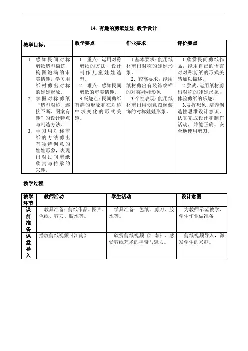 14.有趣的剪纸娃娃 教学设计 (3) (表格式)