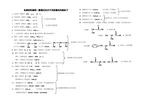 各类有机物的一般通式及分子式的通式归纳如下