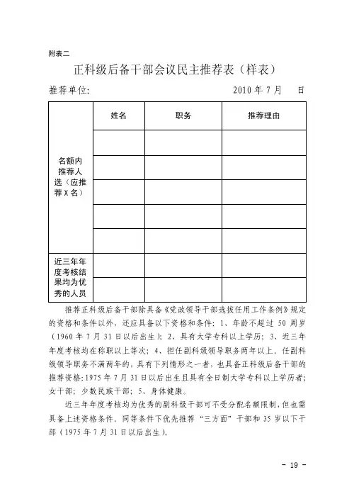正科级后备干部会议民主推荐表（样表）