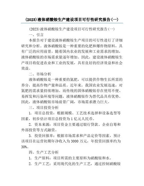 (2023)液体硝酸铵生产建设项目可行性研究报告(一)