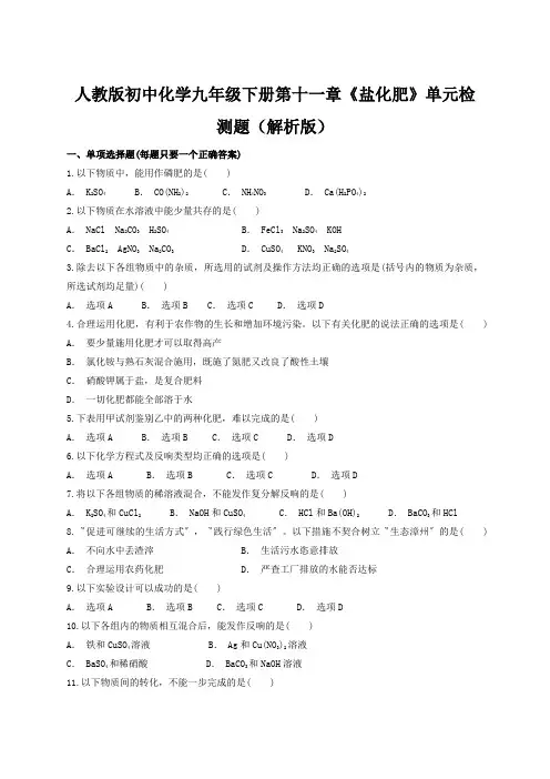 人教版初中化学九年级下册第十一章《盐化肥》单元检测题(解析版)