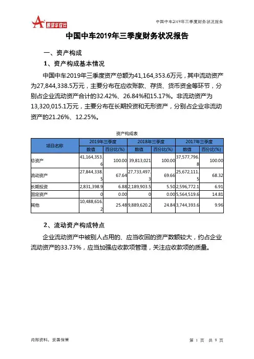 中国中车2019年三季度财务状况报告