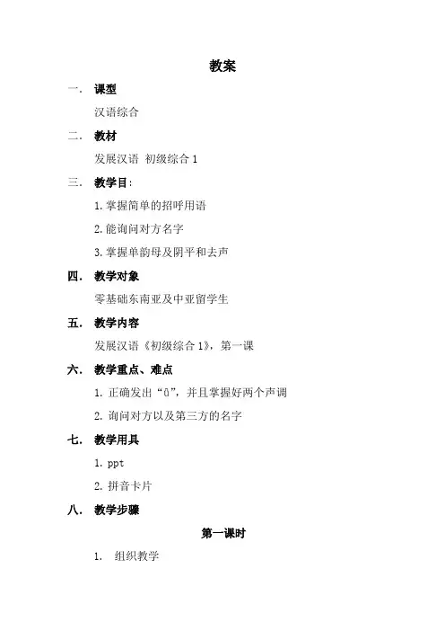 发展汉语初级综合1 第一课教案