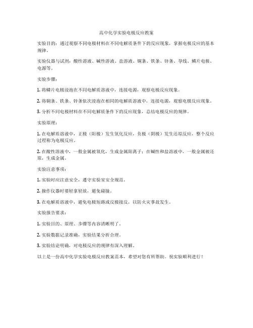 高中化学实验电极反应教案