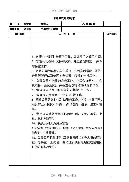 建筑公司各部门岗位职责说明书模板