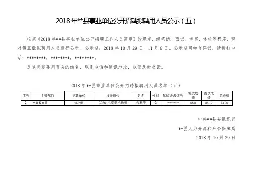 2018年XX县事业单位公开招聘拟聘用人员公示(五)【模板】