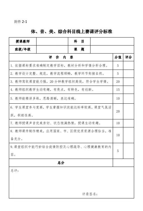 体、音、美、综合科目线上赛课评分标准