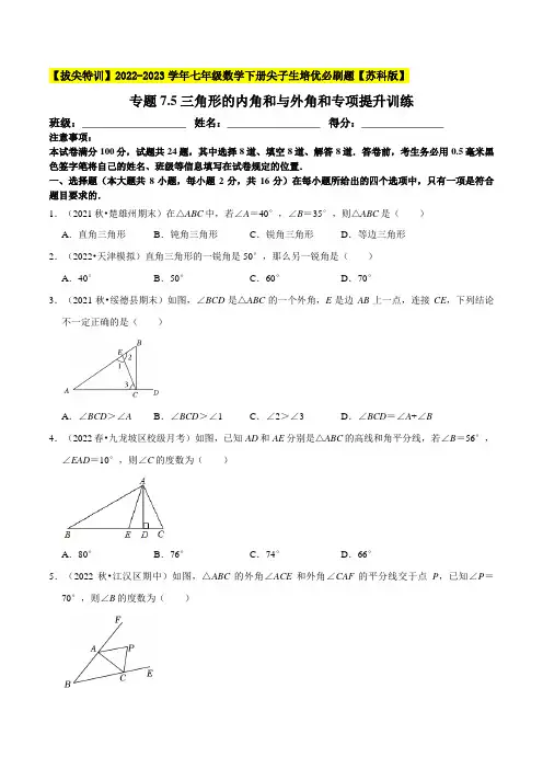 [数学]-专项7.5三角形的内角和与外角和专项提升训练(重难点培优)-【】2022-2023学年七年