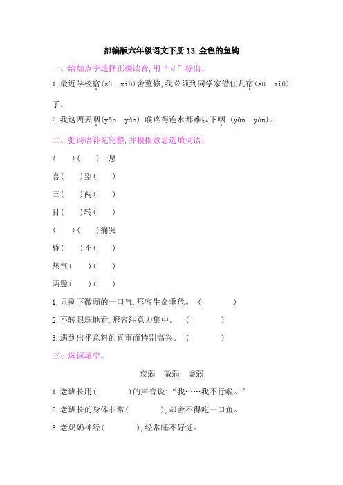 部编版六年级语文下册《13金色的鱼钩  》课后同步作业 附答案