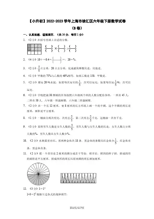 【小升初】2022-2023学年上海市徐汇区六年级下册数学试卷(B卷)含解析