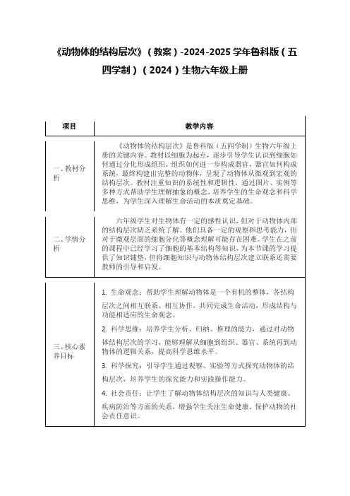 《动物体的结构层次》(教案)-2024-2025学年鲁科版(五四学制)(2024)生物六年级上册