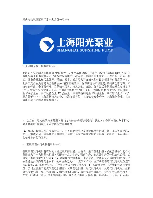 国内电动试压泵泵厂家十大品牌公司排名