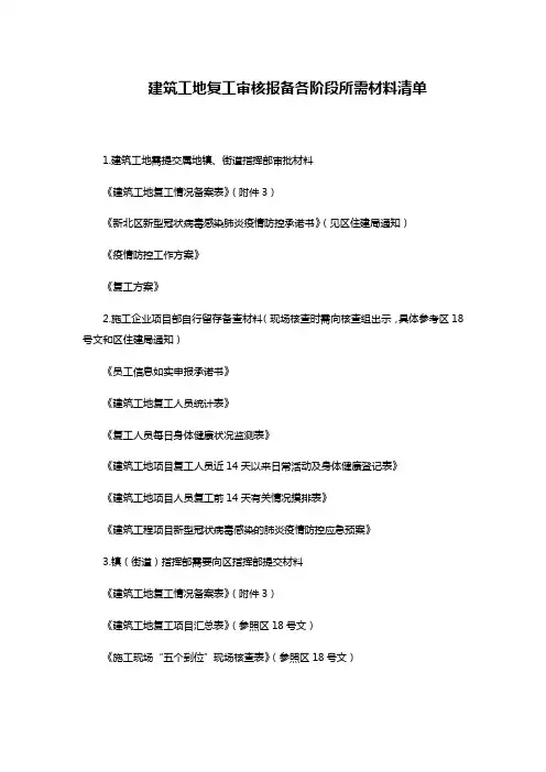 建筑工地复工审核报备各阶段所需材料清单
