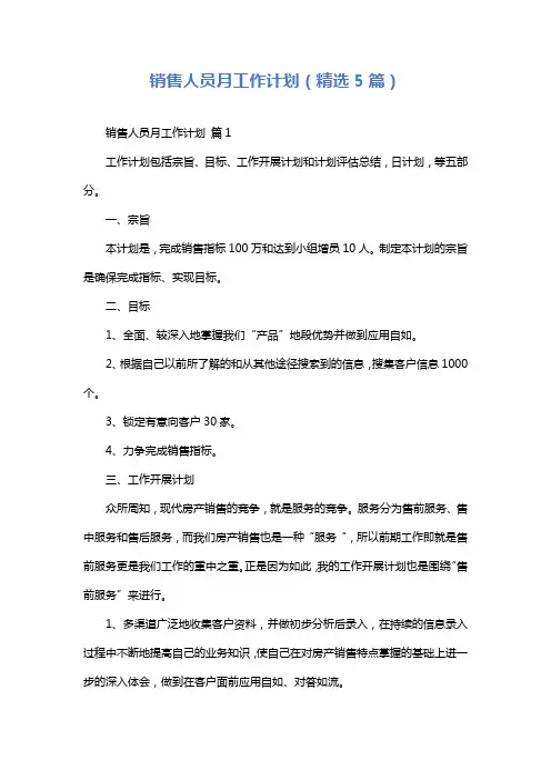 销售人员月工作计划(精选5篇)