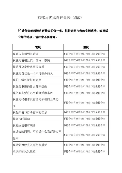 抑郁与忧虑自评量表(SDS)