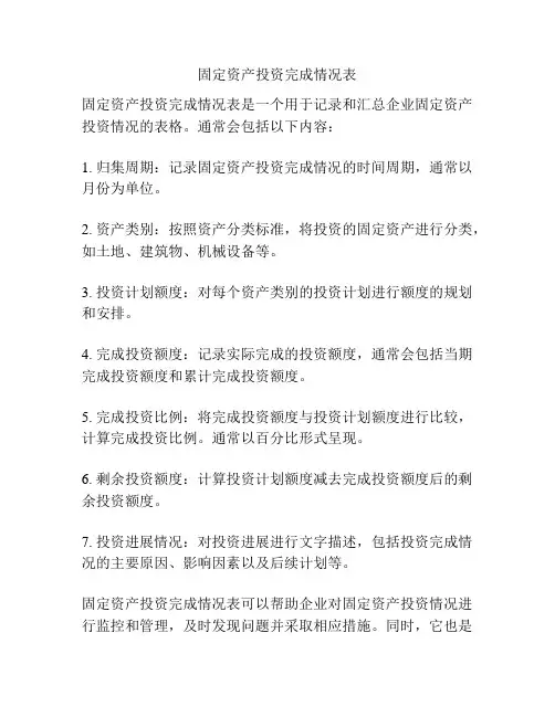 固定资产投资完成情况表