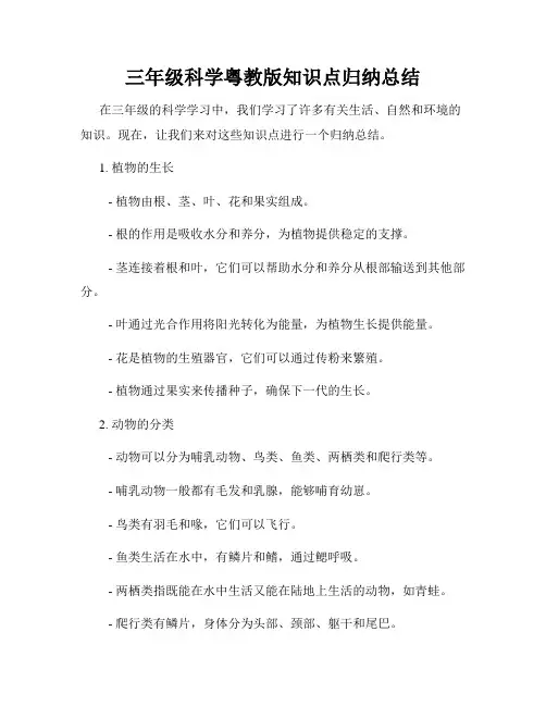 三年级科学粤教版知识点归纳总结