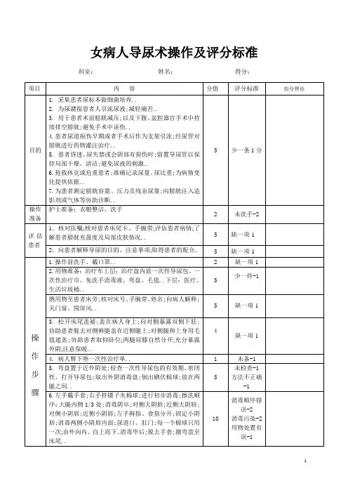 女病人导尿术操作及评分标准