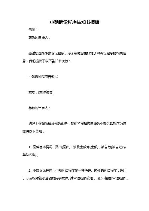 小额诉讼程序告知书模板
