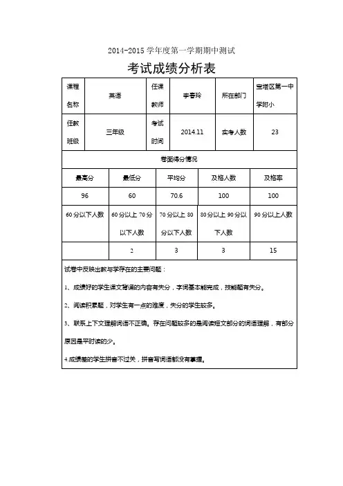 2014-2015学年度第一学期考试成绩分析表 (2)