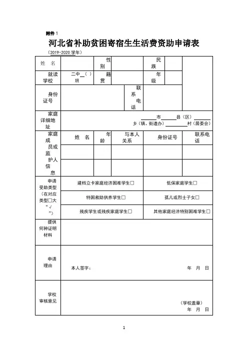 河北省补助贫困生生活费资助申请表