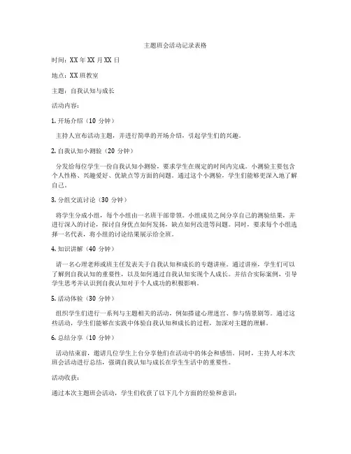 主题班会活动记录表格