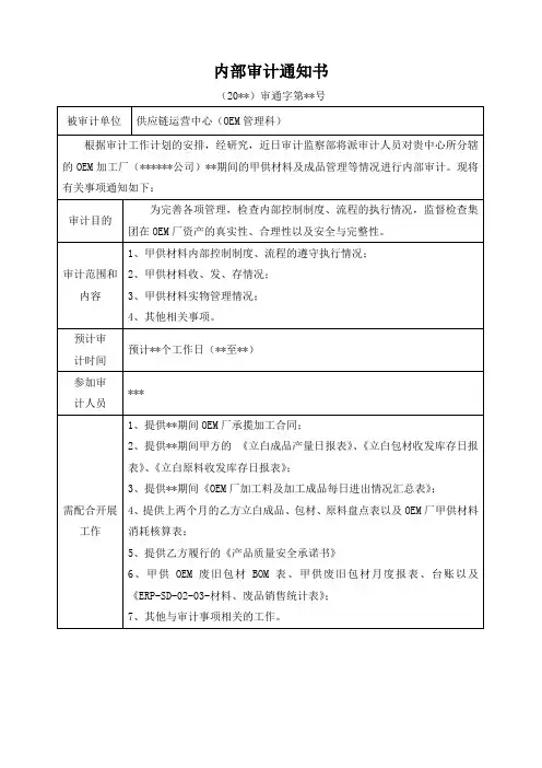 内部审计通知书-OEM加工厂