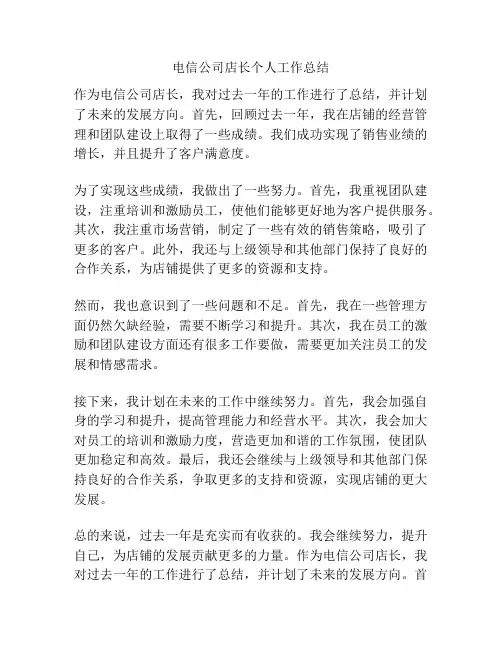 电信公司店长个人工作总结