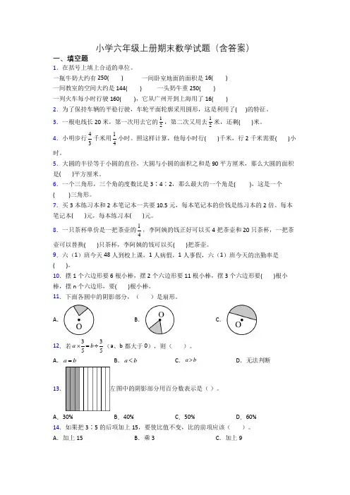 小学六年级上册期末数学试题(含答案)