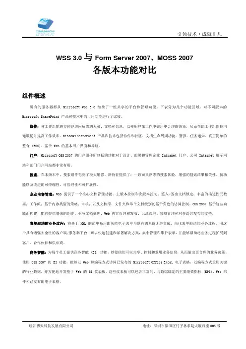 MOSS 2007各版本功能对比