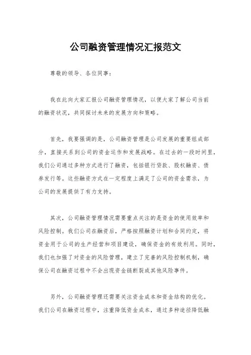 公司融资管理情况汇报范文