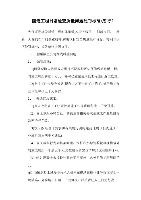 隧道工程质量问题处罚标准(内部)